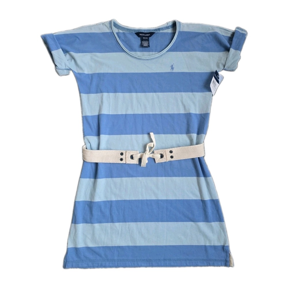 NWT Polo Ralph Lauren Girls Blue Striped Jersey Cotton T-shirt Dress Size 8-10